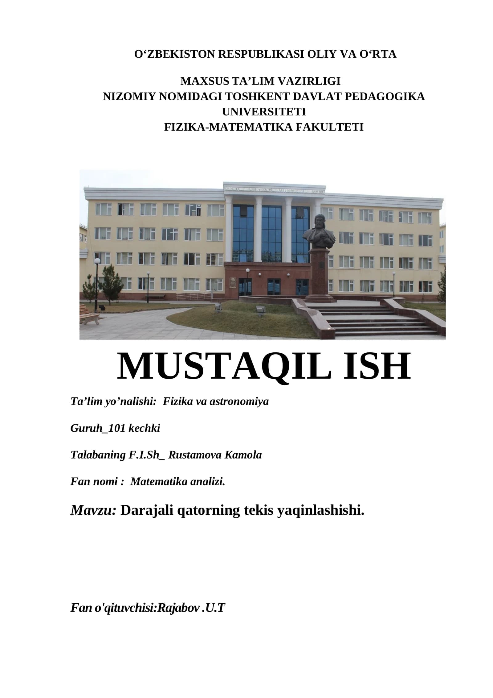 Darajali Qatorning Tekis Yaqinlashishi