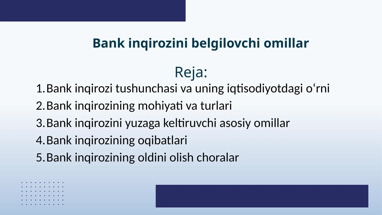 Bank inqirozini belgilovchi omillar