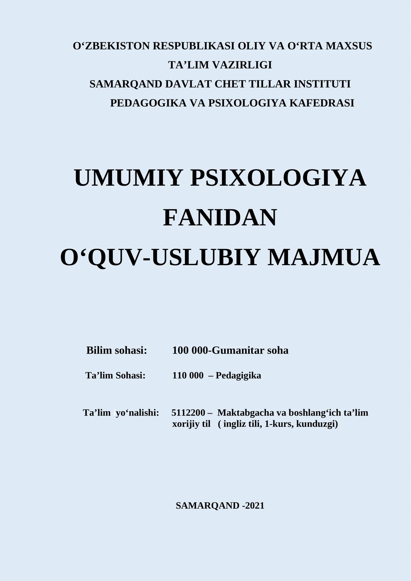Umumiy psixologiya o'quv-uslubiy majmua