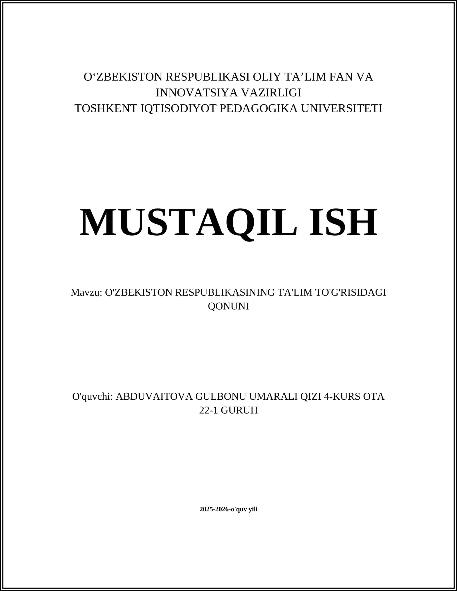 O'ZBEKISTON RESPUBLIKASINING TA'LIM TO'G'RISIDAGI QONUNI