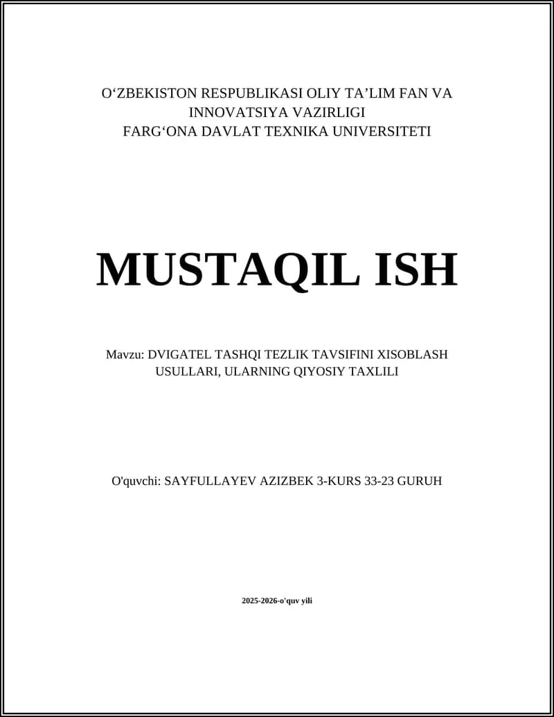 DVIGATEL TASHQI TEZLIK TAVSIFINI XISOBLASH USULLARI