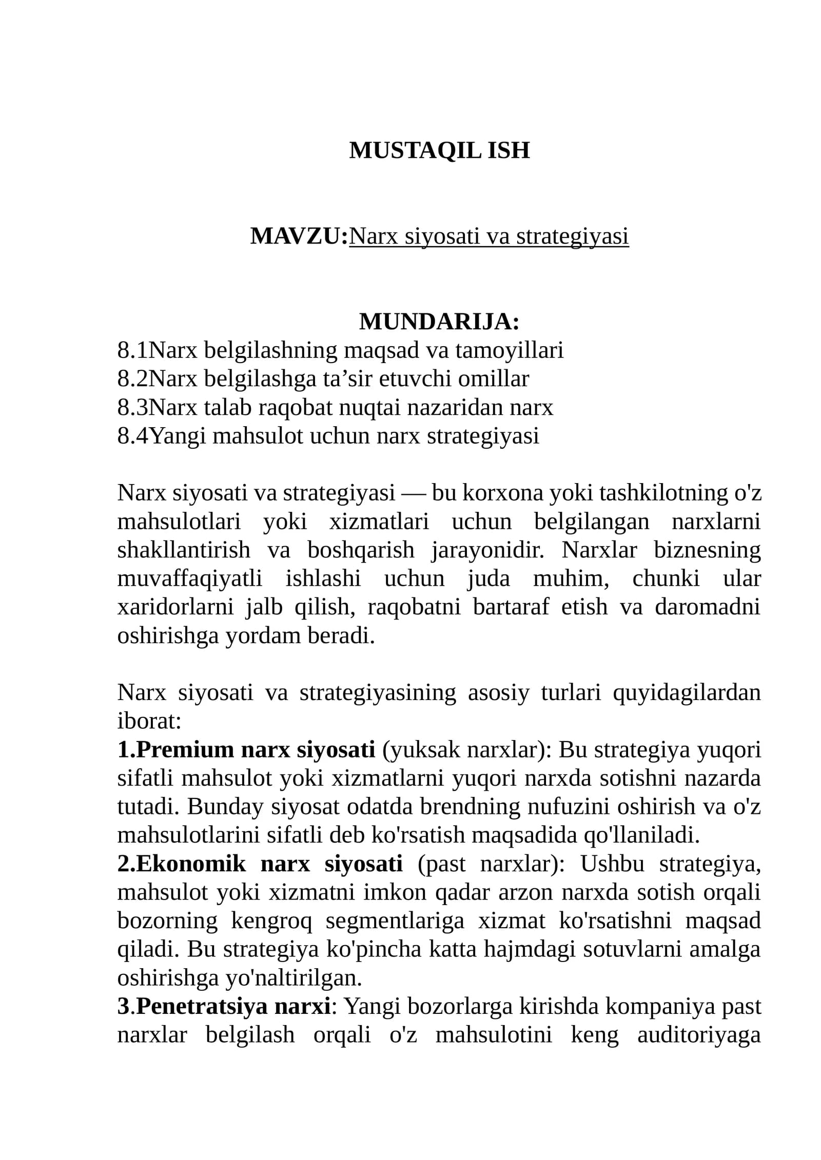 Narx siyosati va strategiyasi