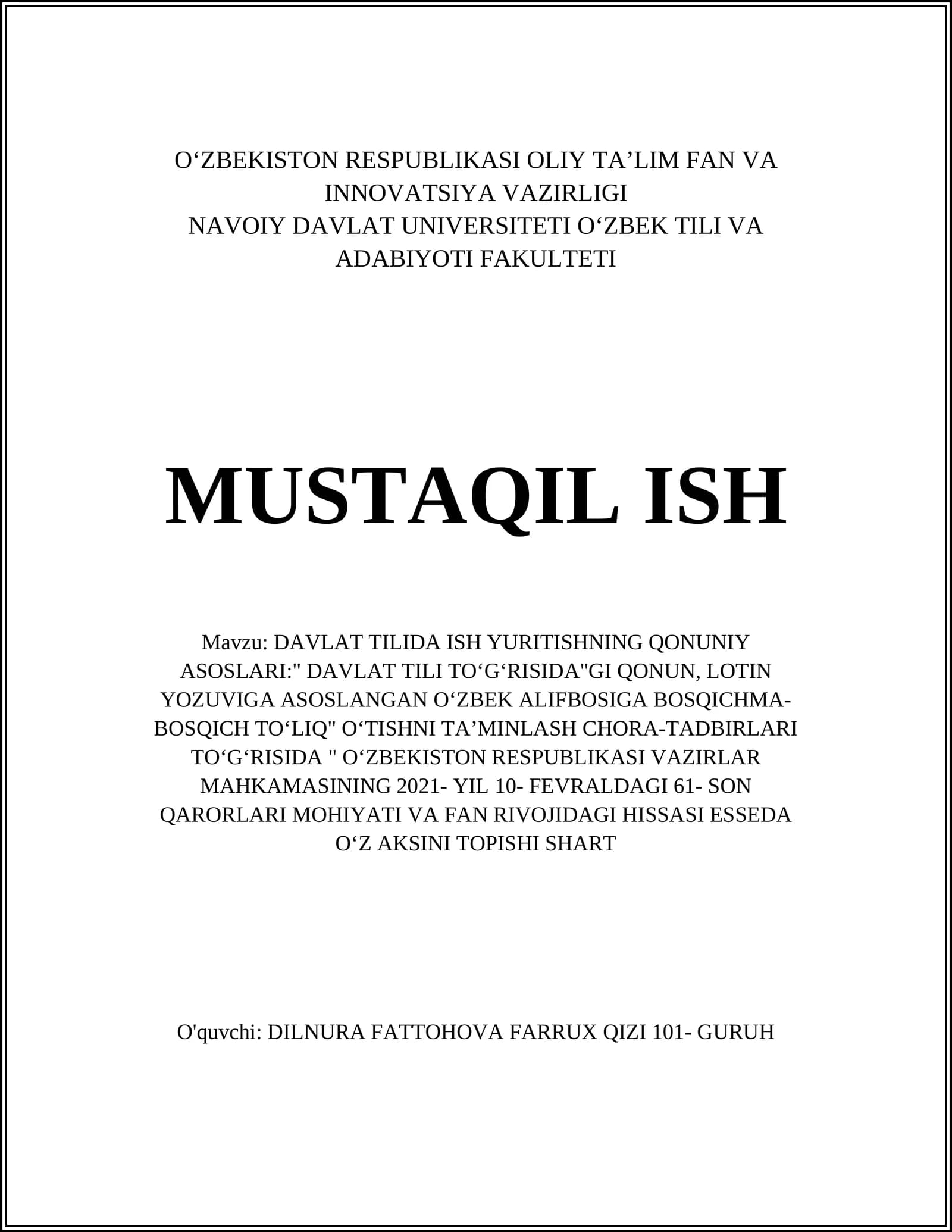 DAVLAT TILIDA ISH YURITISHNING QONUNIY ASOSLARI