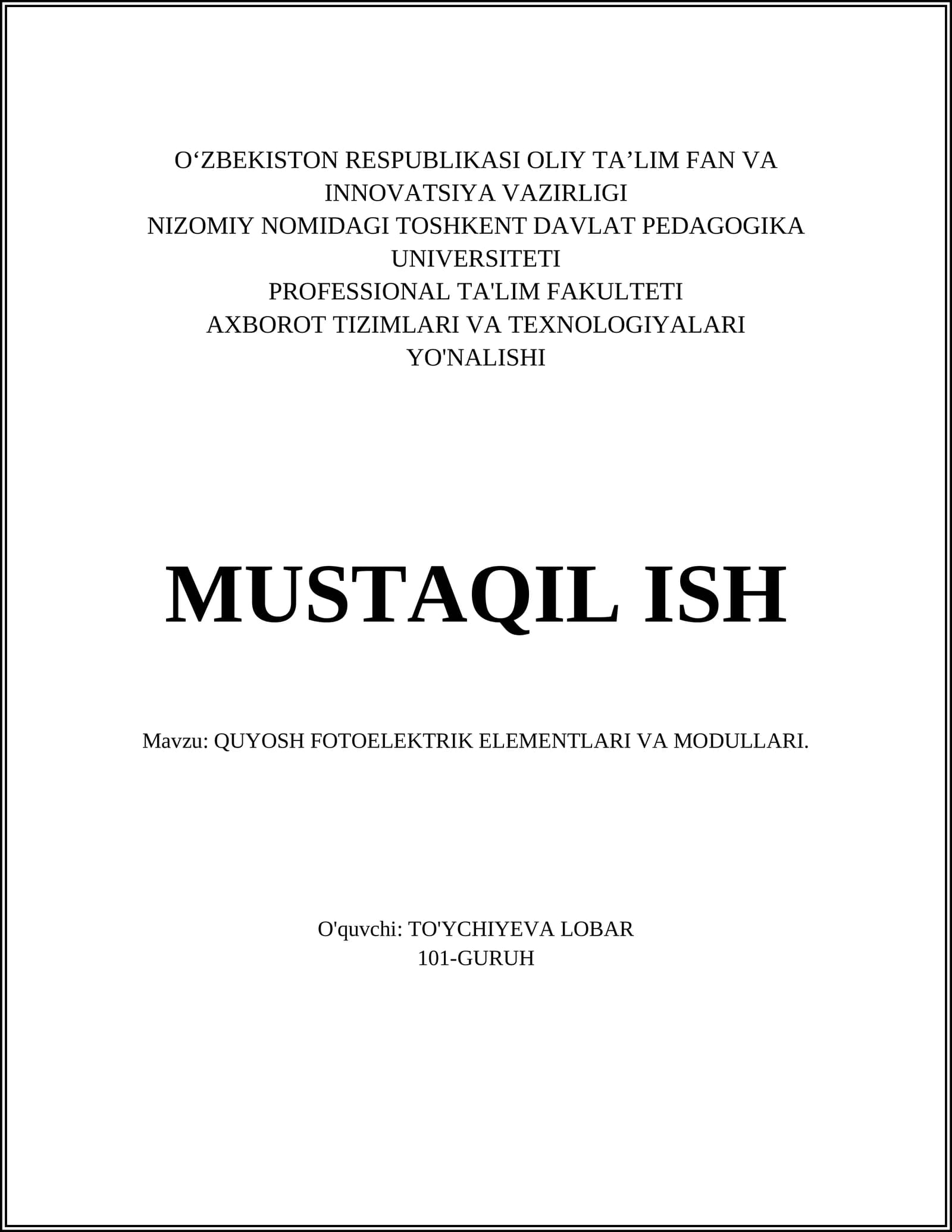 QUYOSH FOTOELEKTRIK ELEMENTLARI VA MODULLARI