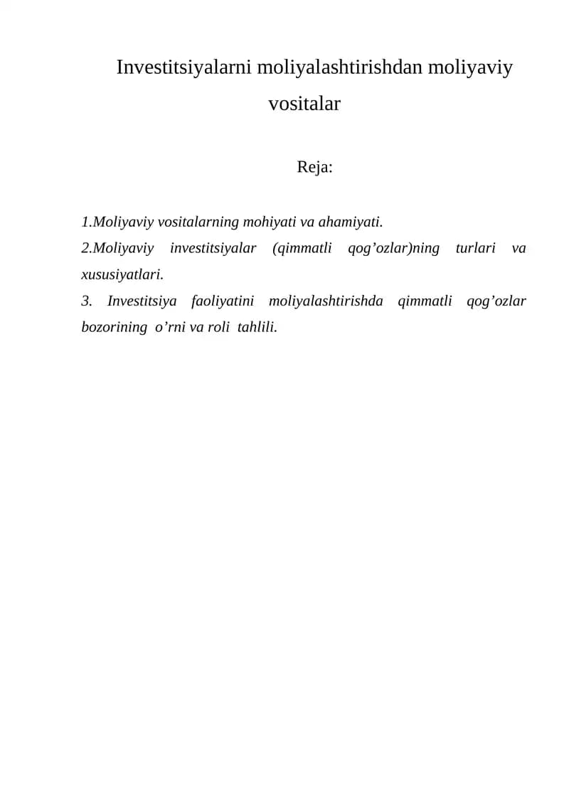 Moliyaviy vositalarning mohiyati va ahamiyati