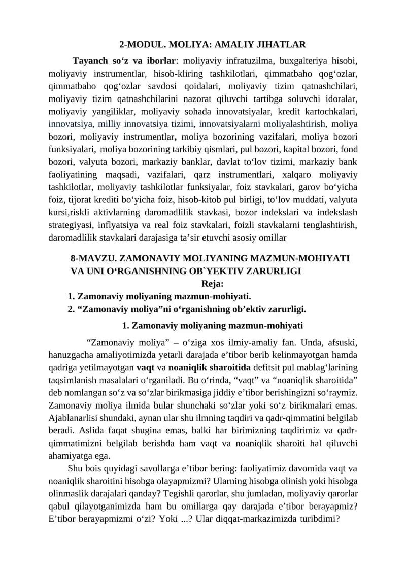 2-MODUL. MOLIYA: AMALIY JIHATLAR