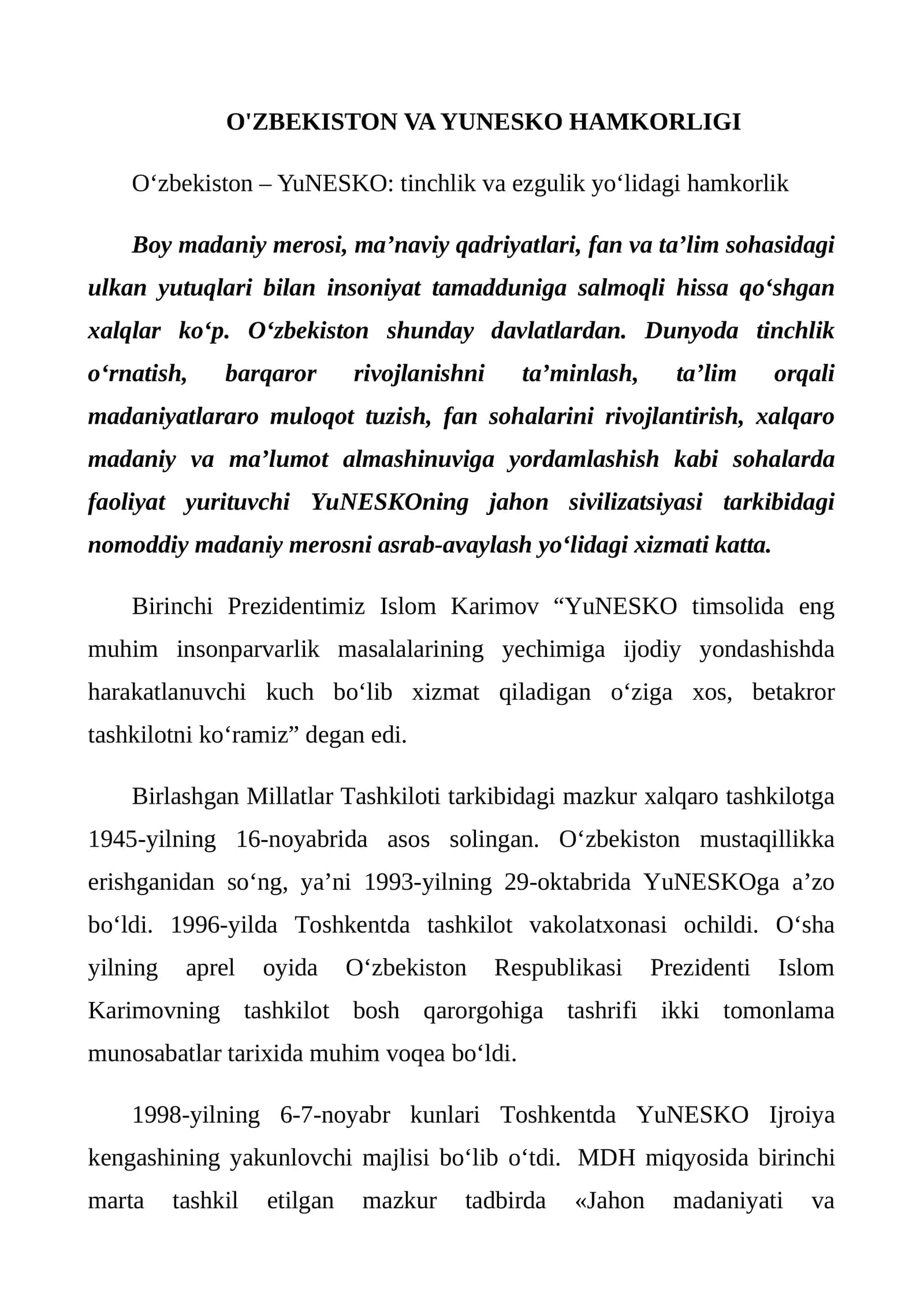 O'ZBEKISTON VA YUNESKO HAMKORLIGI
