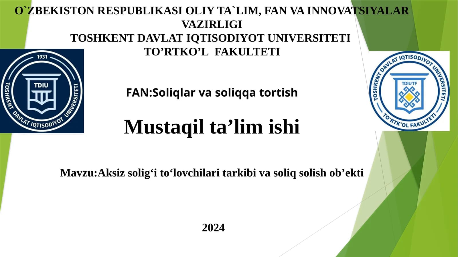 Mavzu: Aksiz soligʻi toʻlovchilar tarkibi va soliq solish ob'ekti