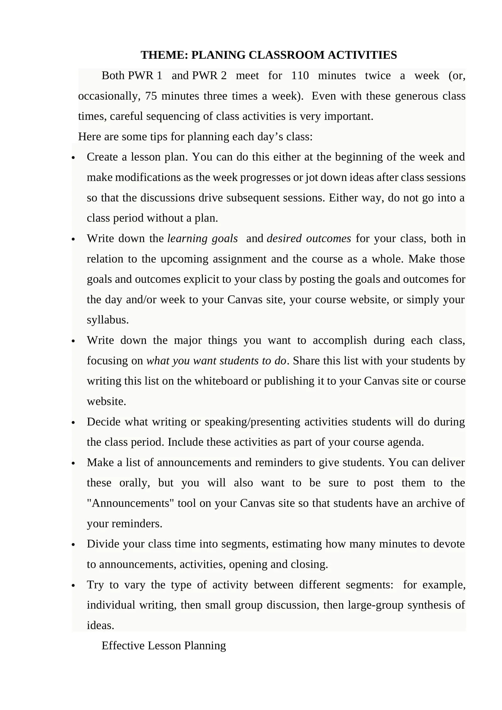 Planning Classroom Activities