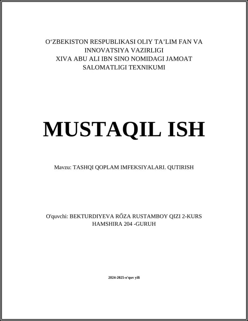 TASHQI QOPLAM IMFEKSIYALARI. QUTIRISH
