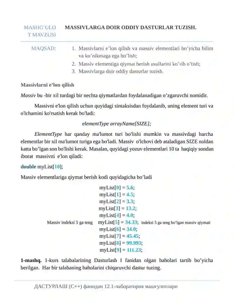 Massivlarga doir oddiy dasturlar tuzish.