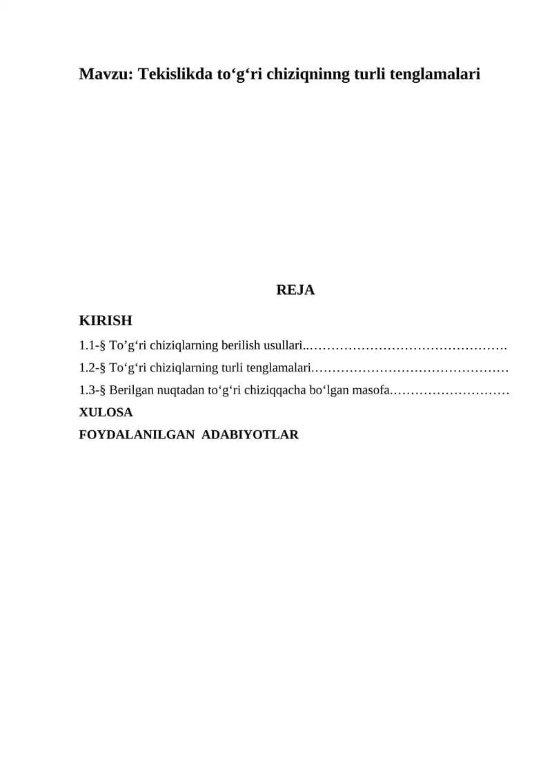 Tekislikda to‘g‘ri chiziqninng turli tenglamalari