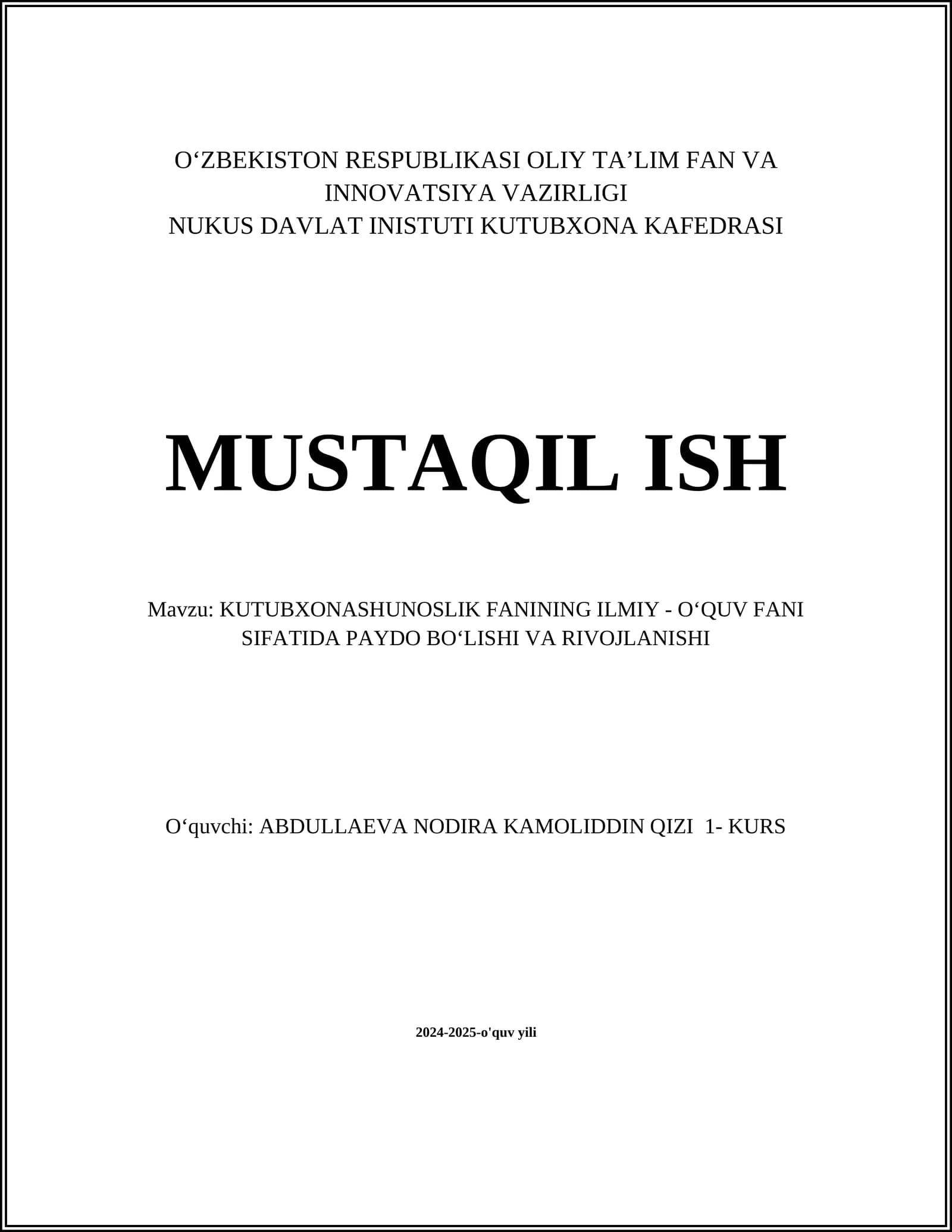 Kutubxonashunoslik Fani