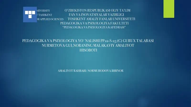 Pedagogika va Psixologiya Yo'nalish Hisoboti