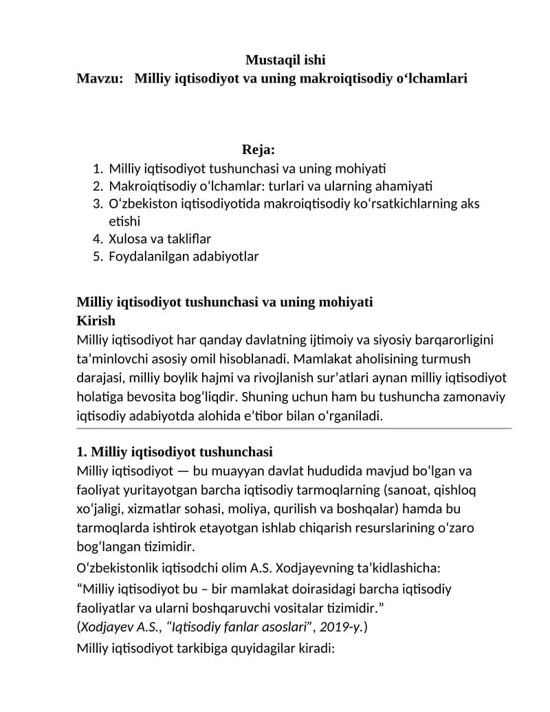 Milliy iqtisodiyot va uning makroiqtisodiy o‘lchamlari