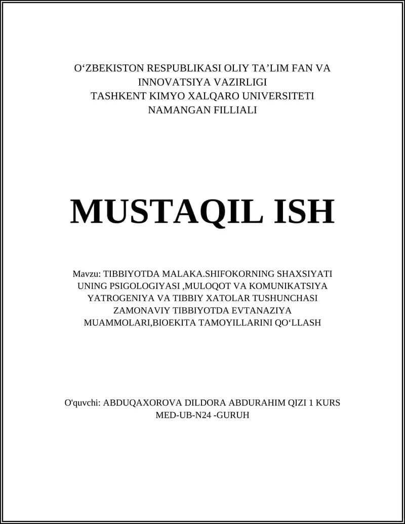 TIBBIYOTDA MALAKA.SHIFOKORNING SHAXSIYATI