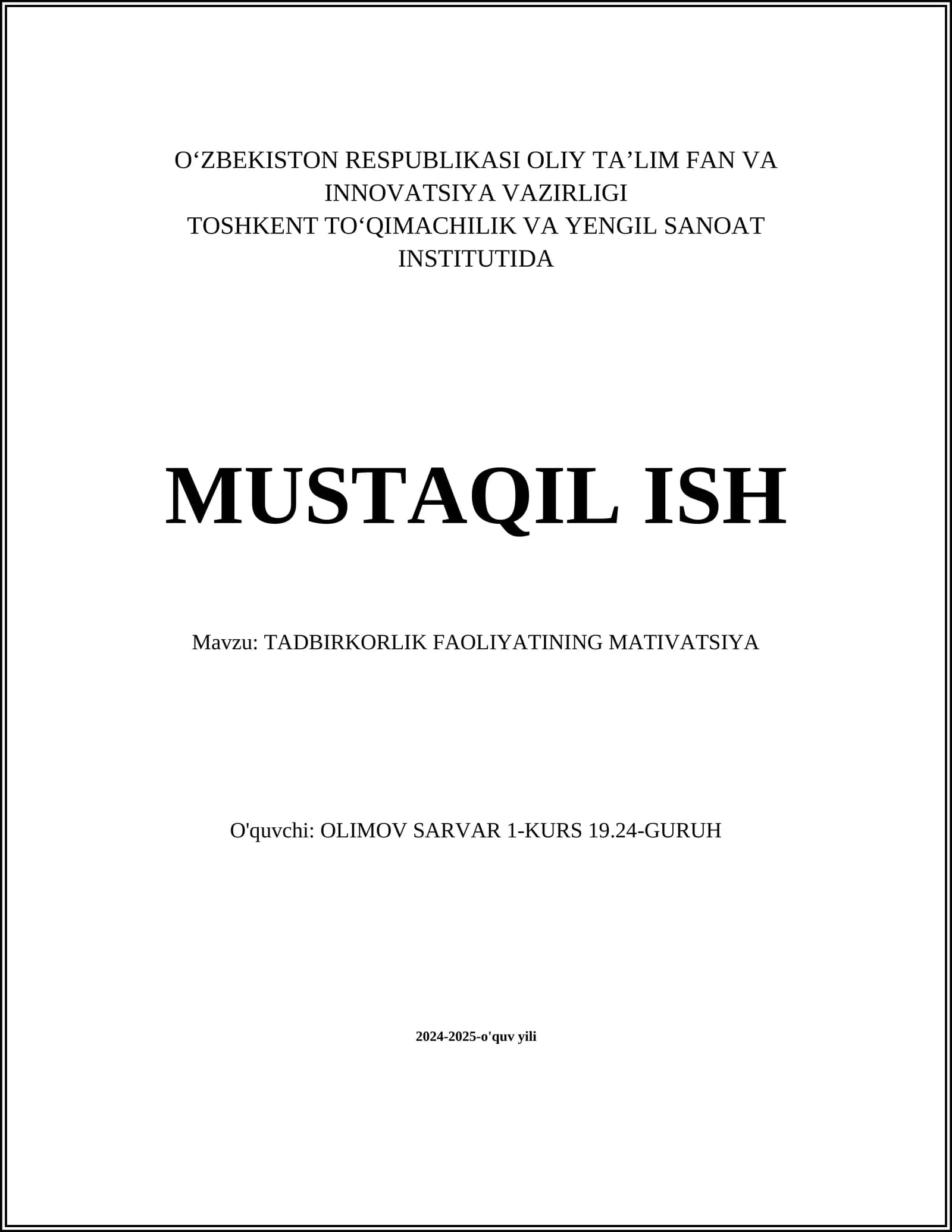 TADBIRKORLIK FAOLIYATINING MATIVATSIYA