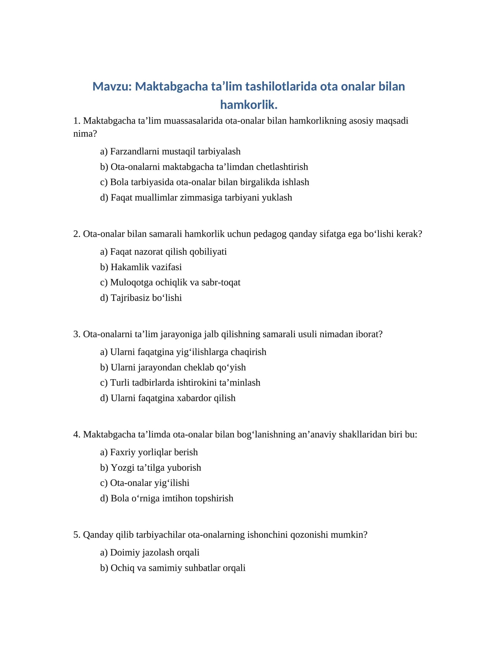Maktabgacha taʼlim tashilotlarida ota onalar bilan hamkorlik