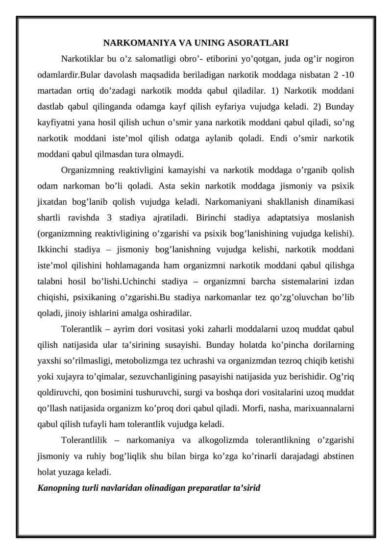 NARKOMANIYA VA UNING ASORATLARI