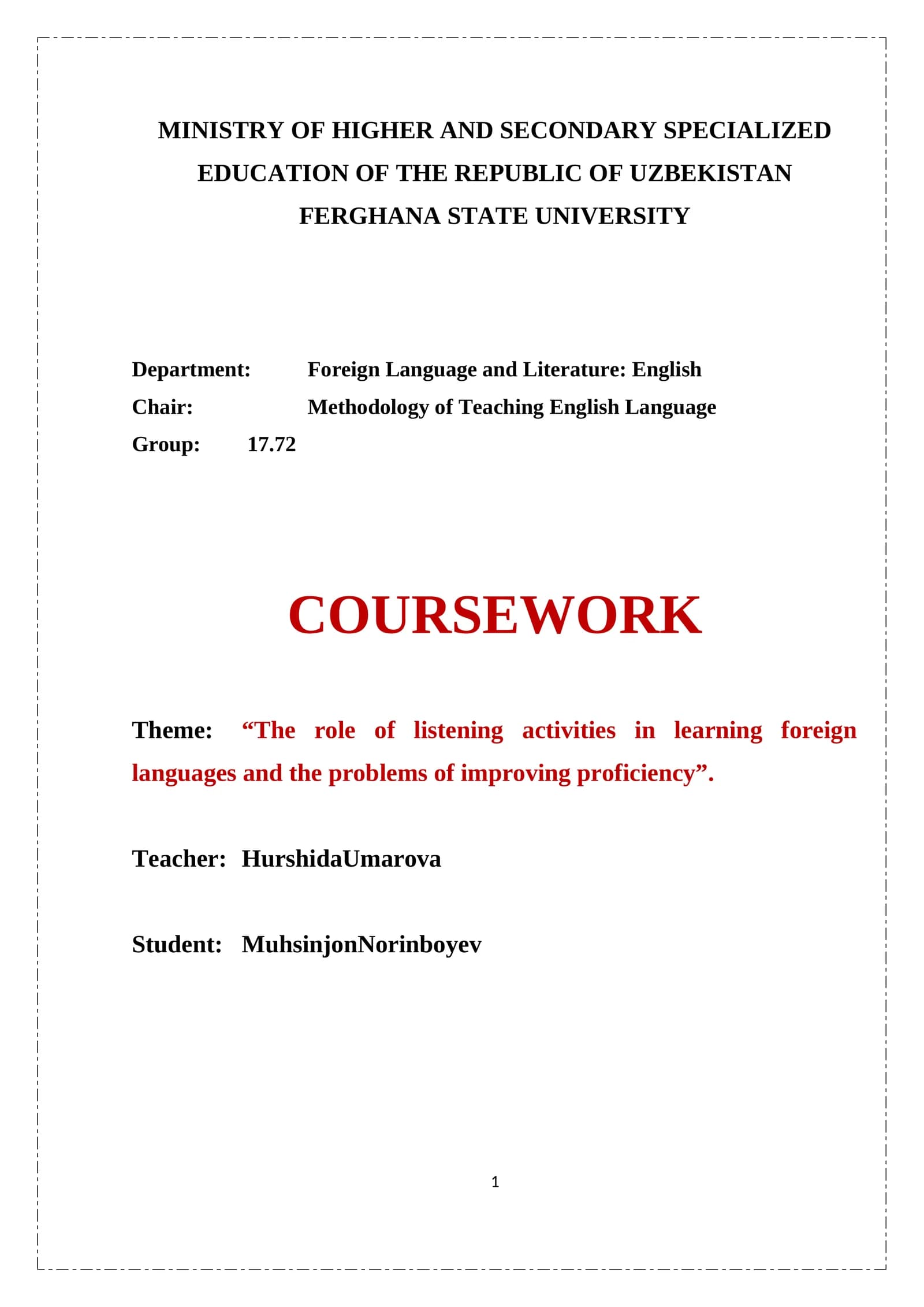 Coursework on “The role of listening activities in learning foreign languages and the problems of improving proficiency”