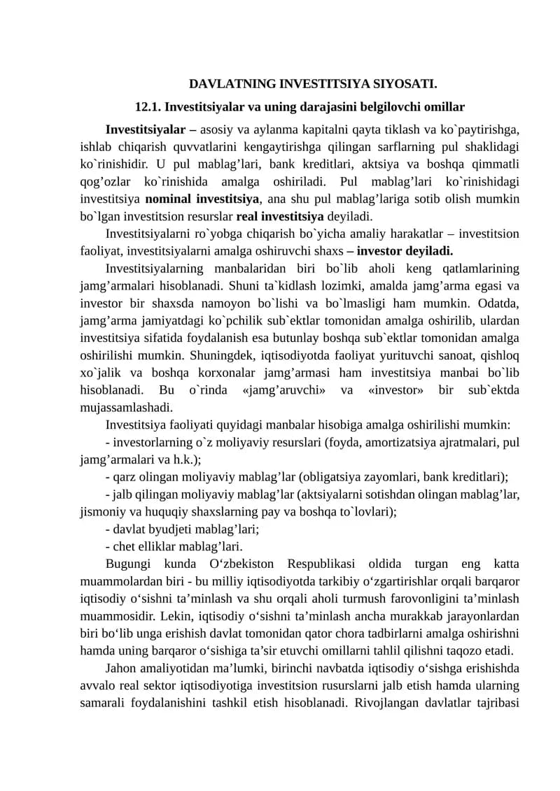 DAVLATNING INVESTITSIYA SIYOSATI