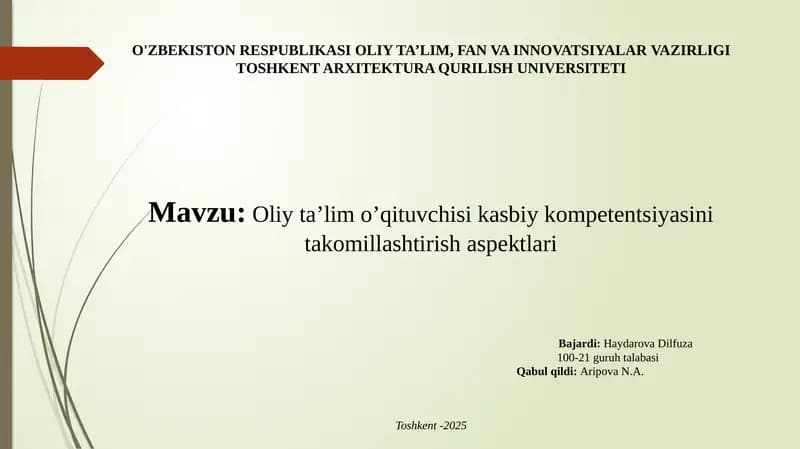 Oliy ta’lim o’qituvchisi kasbiy kompetentsiyasi