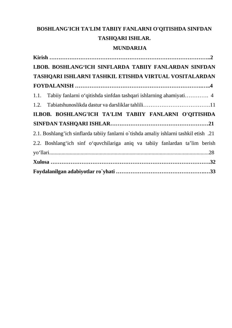 Boshlang'ich Ta'lim Tabiiy Fanlarni O'qitishda Sinfdan Tashqari Ishlar