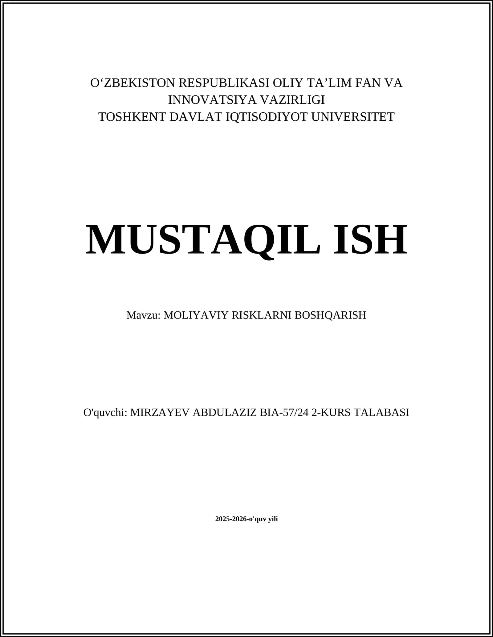 MOLIYAVIY RISKLARNI BOSHQARISH