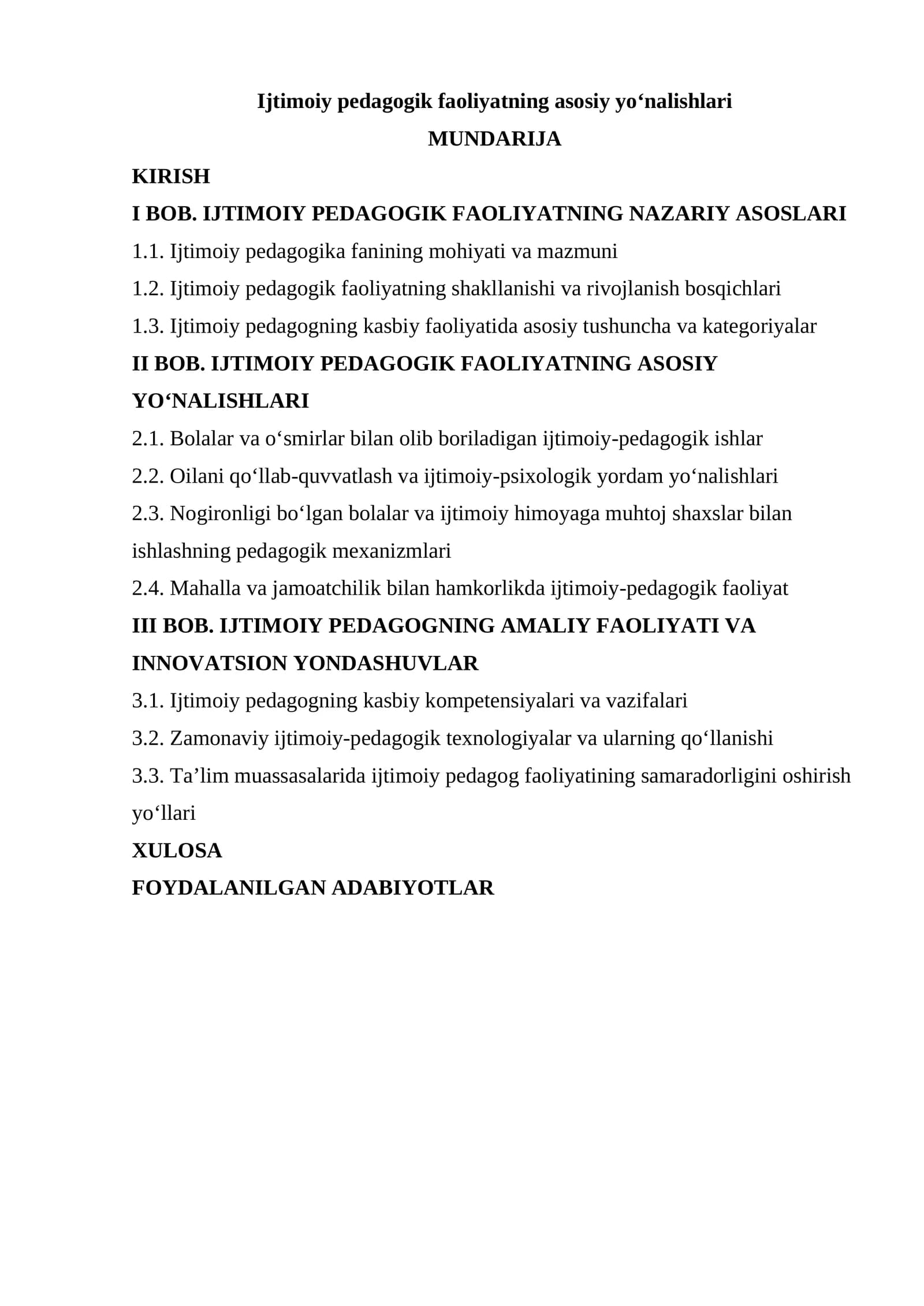 Ijtimoiy pedagogik faoliyatning asosiy yoʻnalishlari