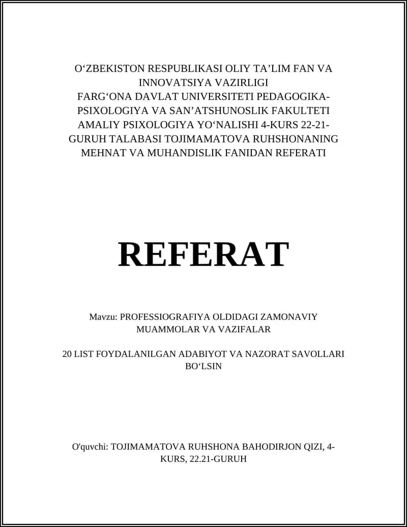 PROFESSIOGRAFIYA OLDIDAGI ZAMONAVIY MUAMMOLAR VA VAZIFALAR