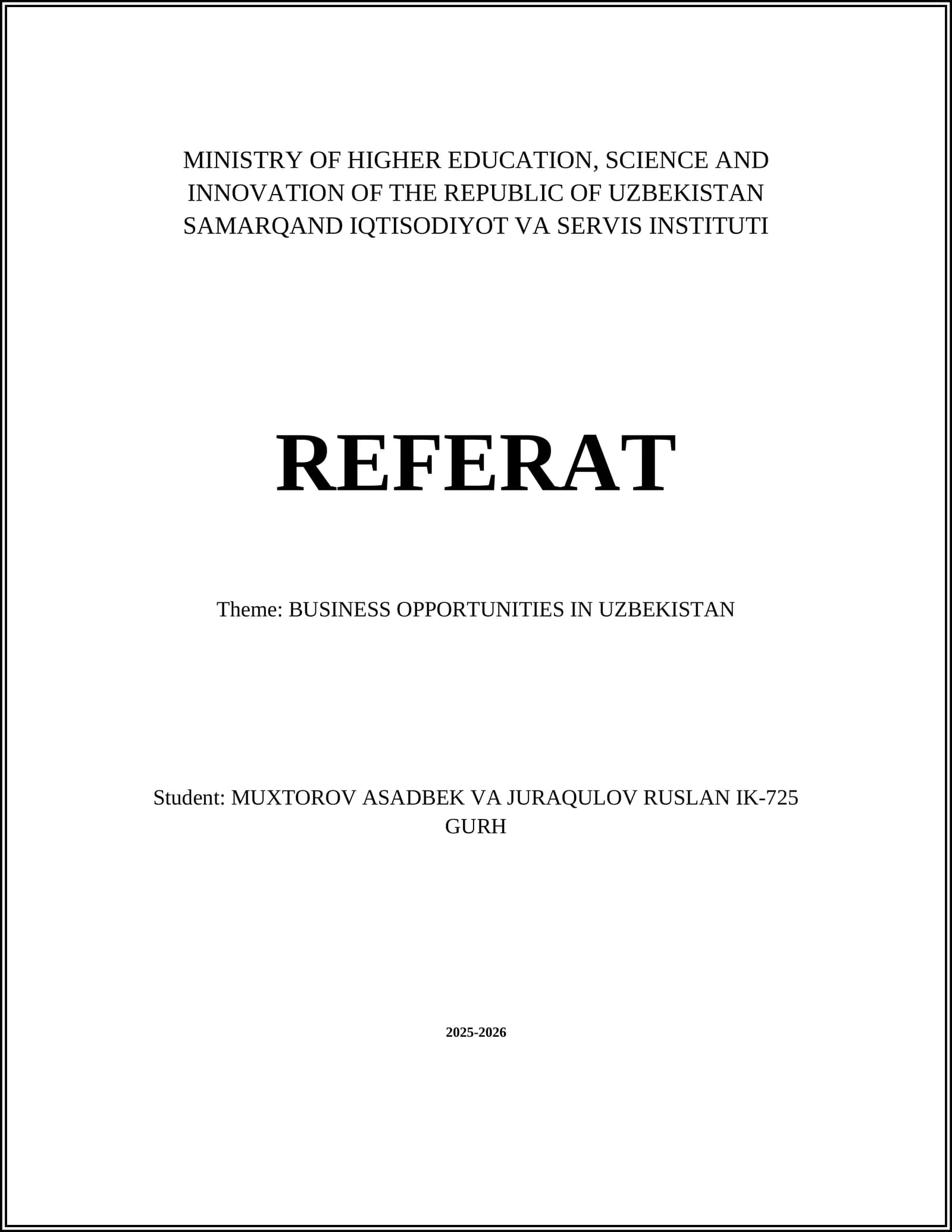 BUSINESS OPPORTUNITIES IN UZBEKISTAN