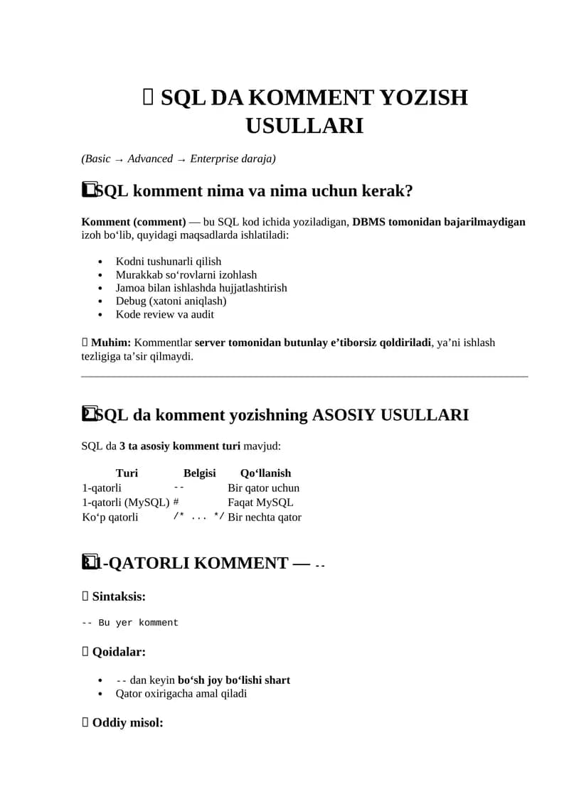 SQL DA KOMMENT YOZISH USULLARI