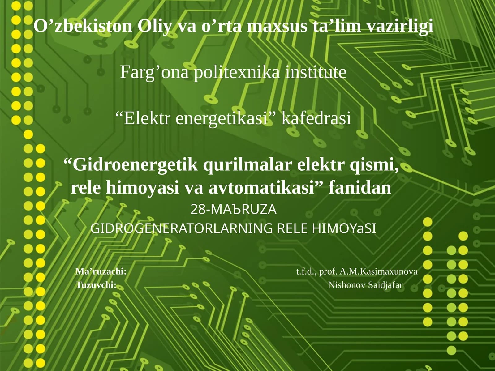 GIDROGENERATORLARNING RELEHIMOYaSI