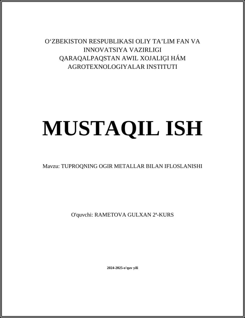 Tuproqning Og'ir Metallar Bilan Ifloslanishi