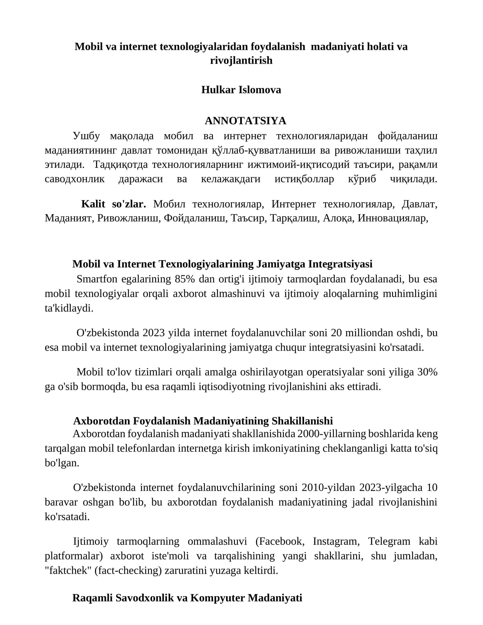 Mobil va Internet Texnologiyalaridan Foydalanish Madaniyati Holati va Rivojlantirish