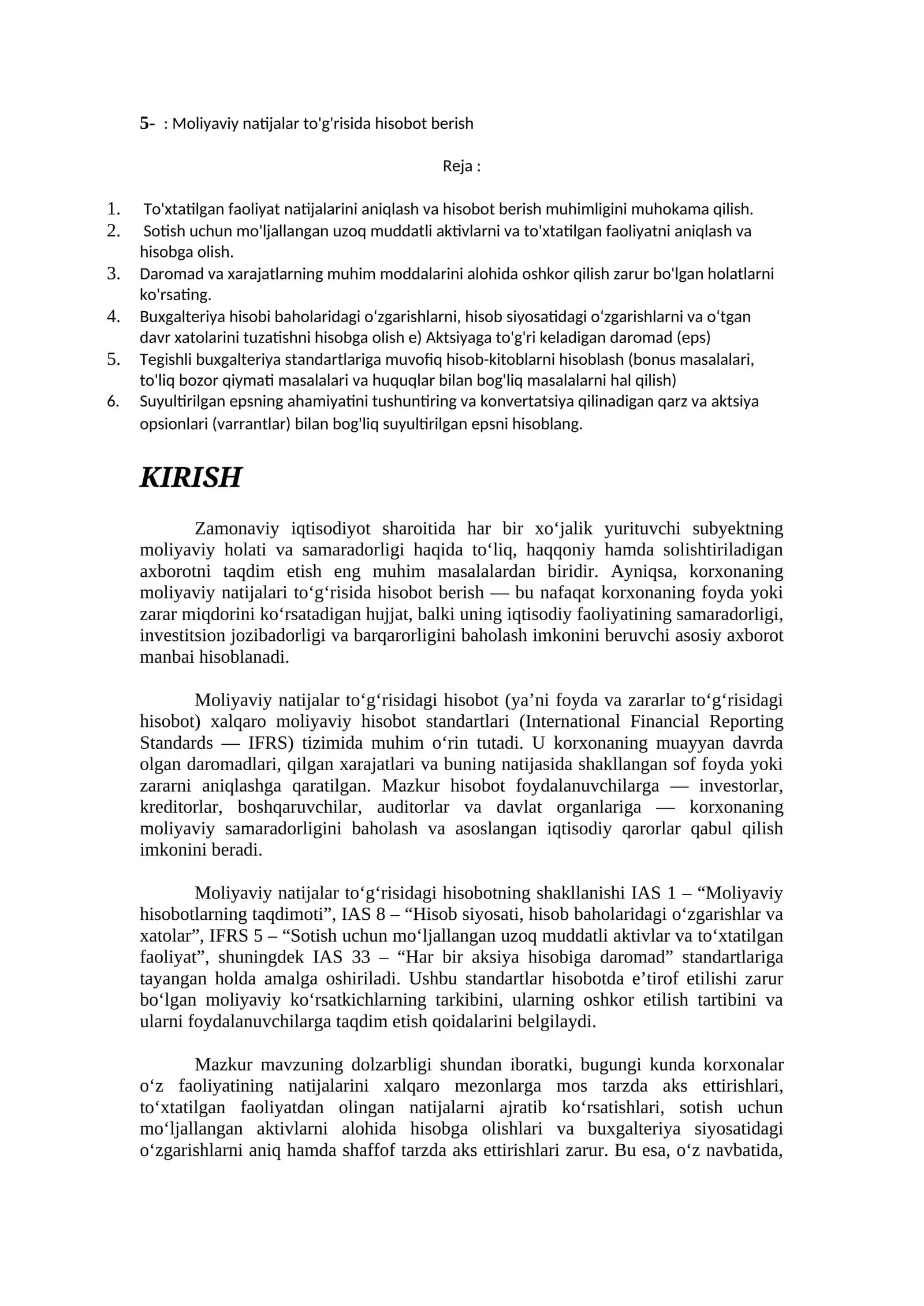 Moliyaviy natijalar to'g'risida hisobot berish