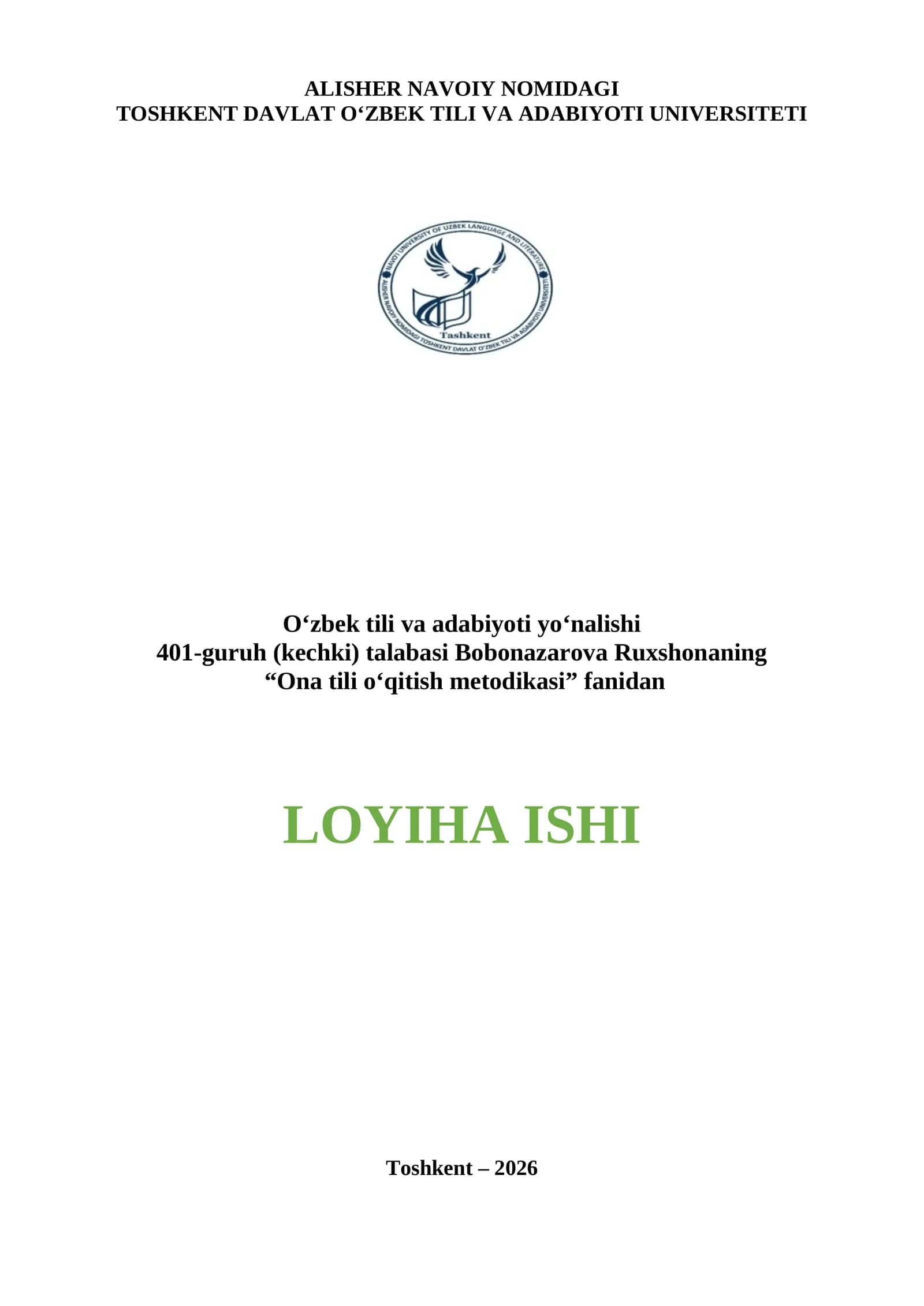 Ona tili o‘qitish metodikasidan loyiha ishi