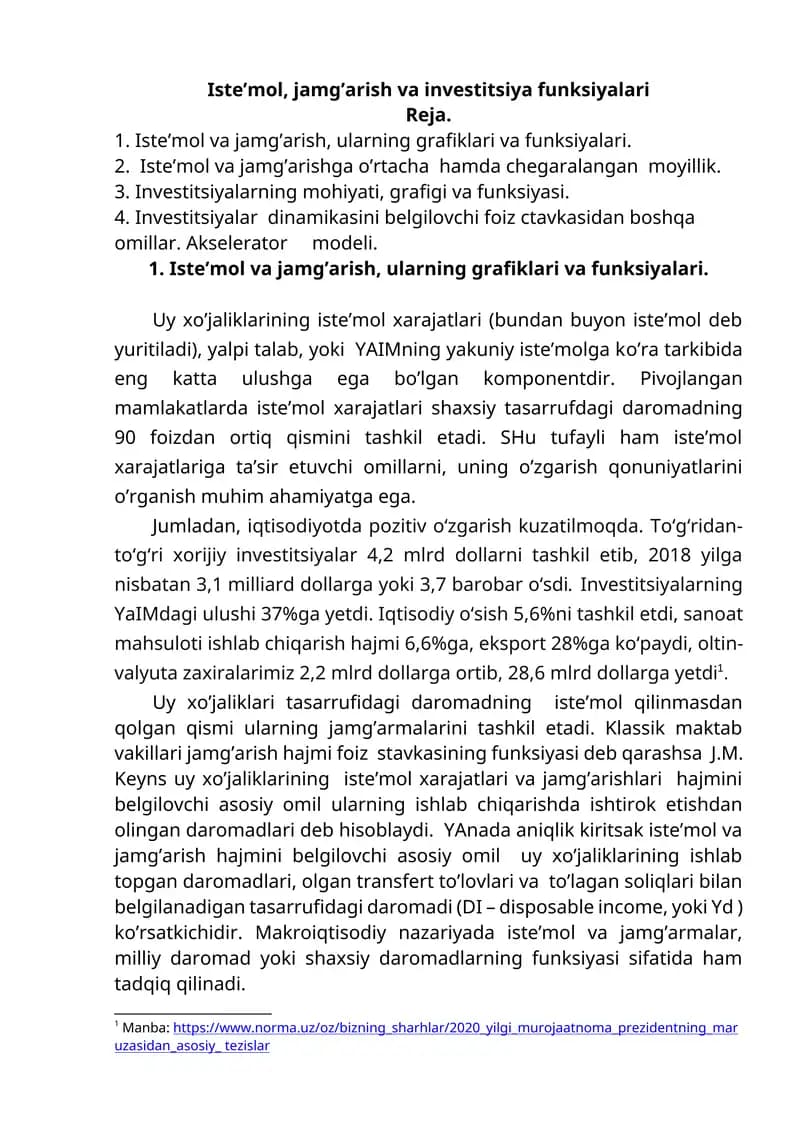 Iste’mol, jamg’arish va investitsiya funksiyalari