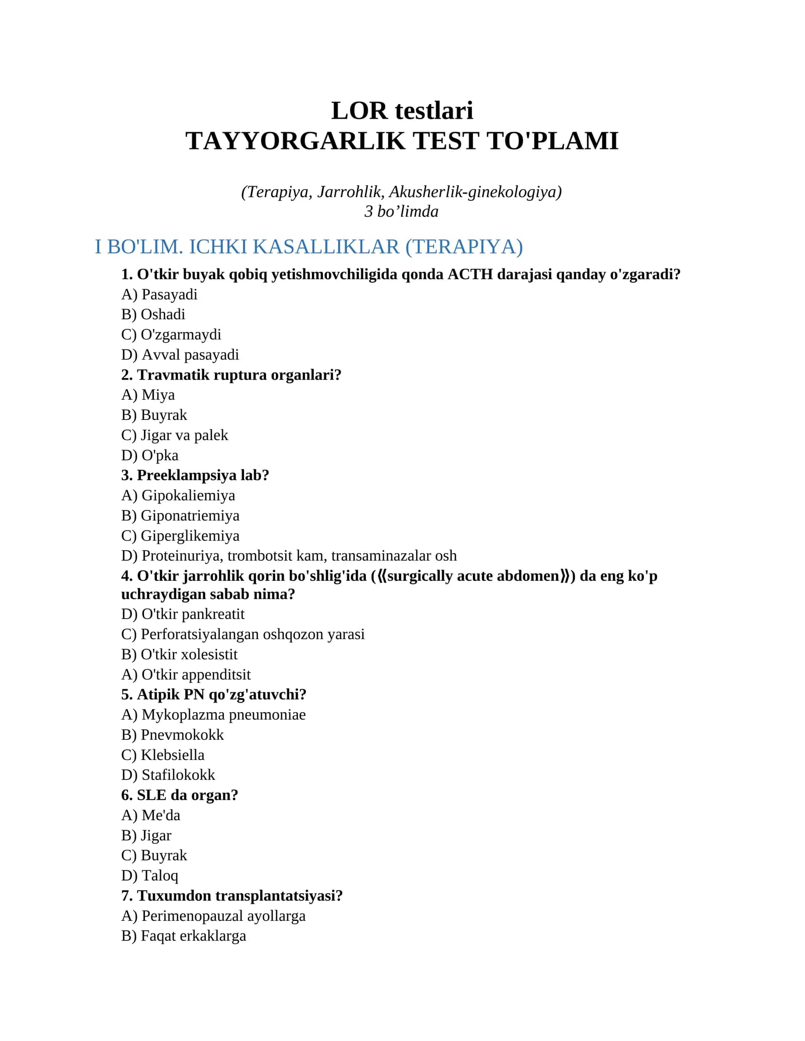 TAYYORGARLIK TEST TO'PLAMI
