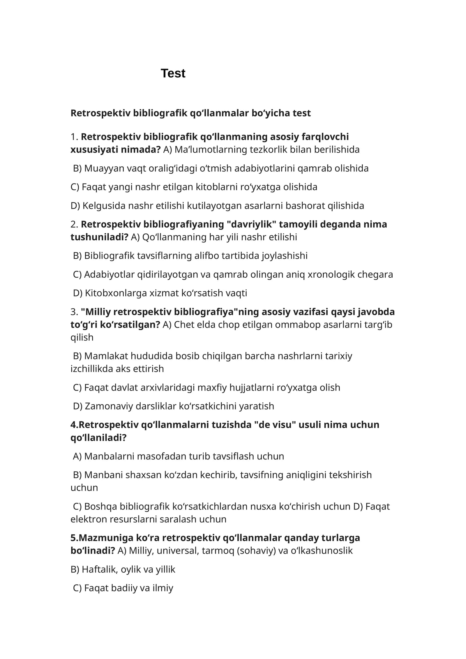 Retrospektiv bibliografik qo‘llanmalar bo‘yicha test