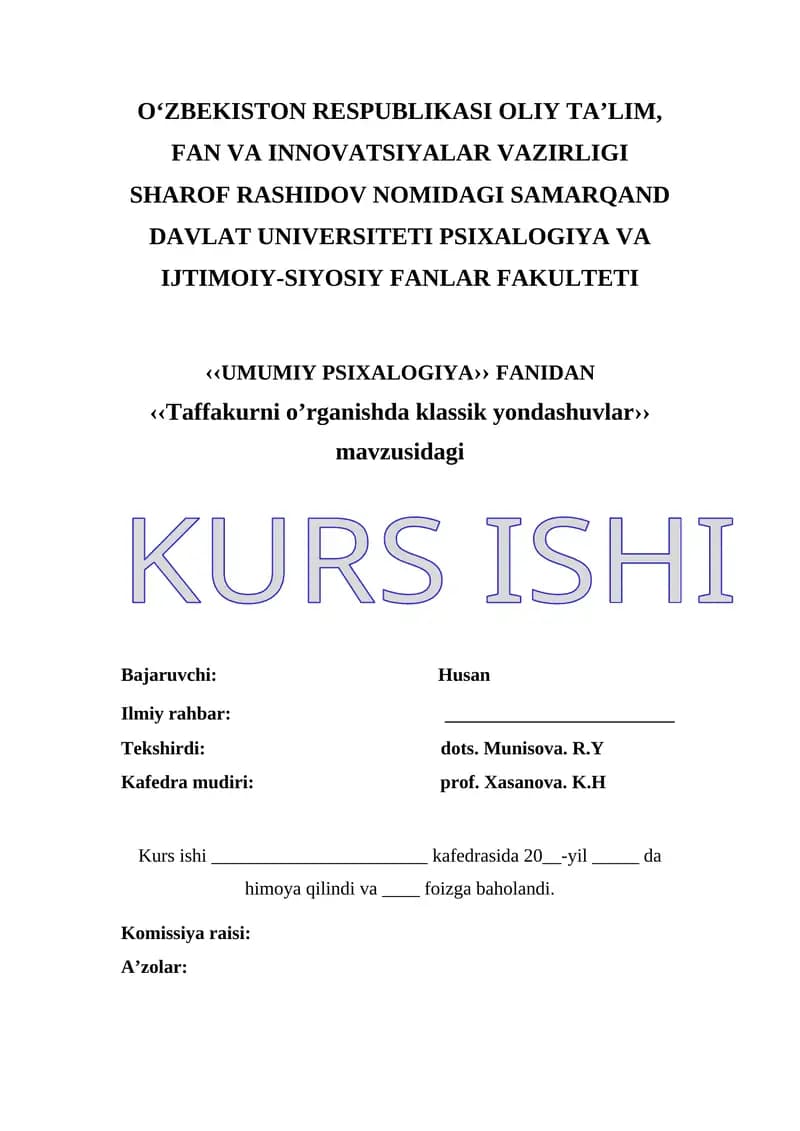 Taffakurni o’rganishda klassik yondashuvlar kurs ishi