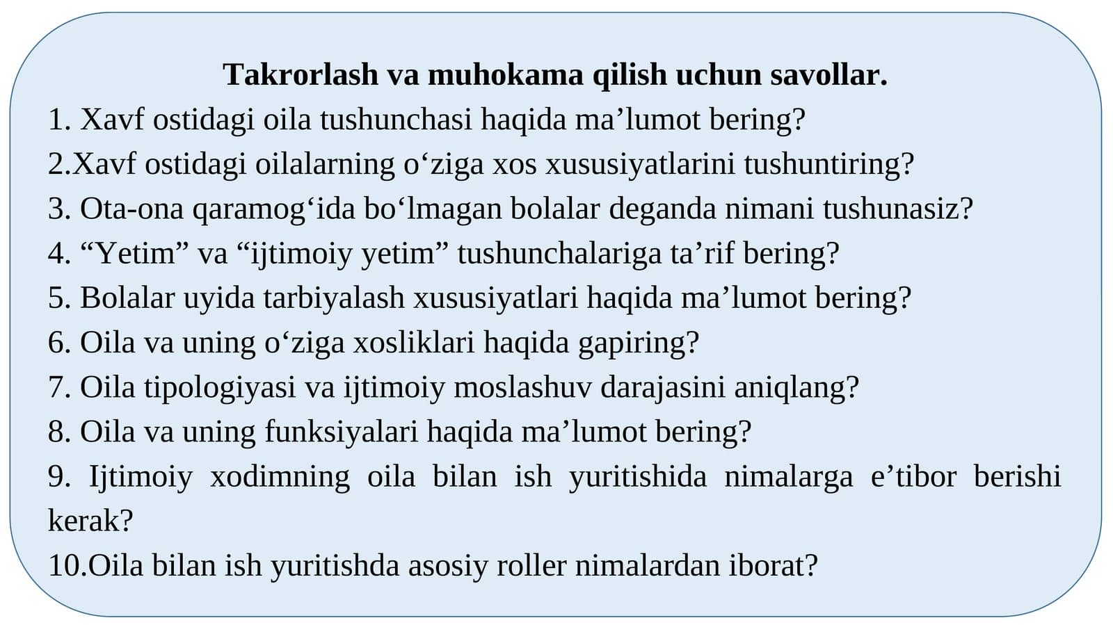 Takrorlash va muhokama qilish uchun savollar