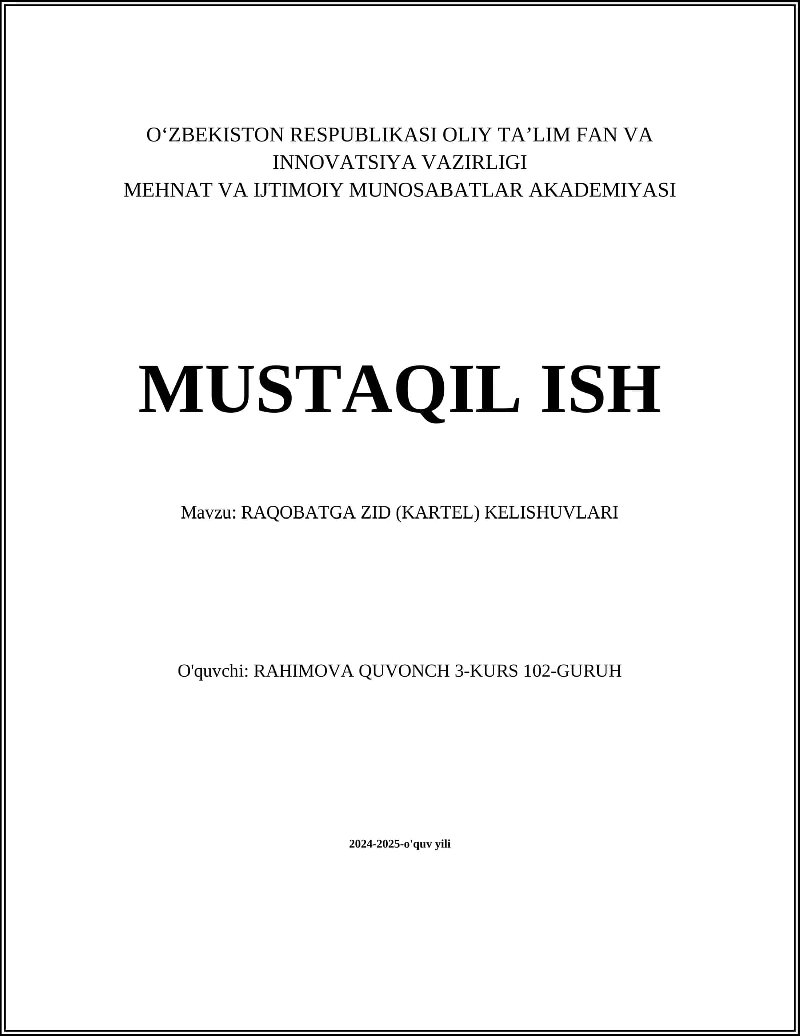RAQOBATGA ZID (KARTEL) KELISHUVLARI