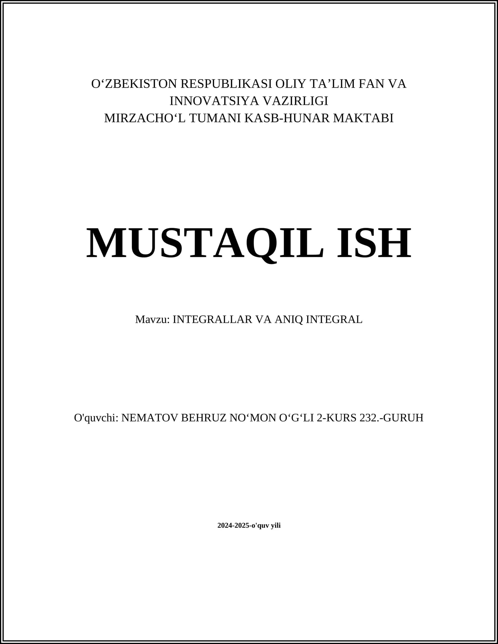 INTEGRALLAR VA ANIQ INTEGRAL