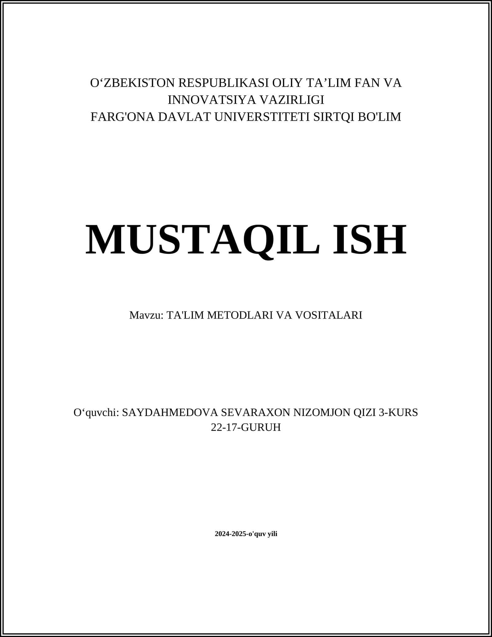 TA'LIM METODLARI VA VOSITALARI