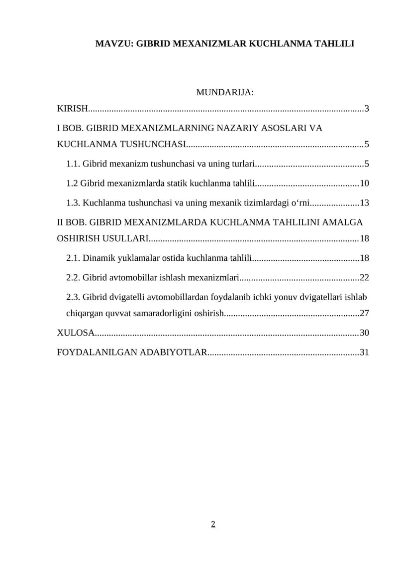 GIBRID MEXANIZMLAR KUCHLANMA TAHLILI