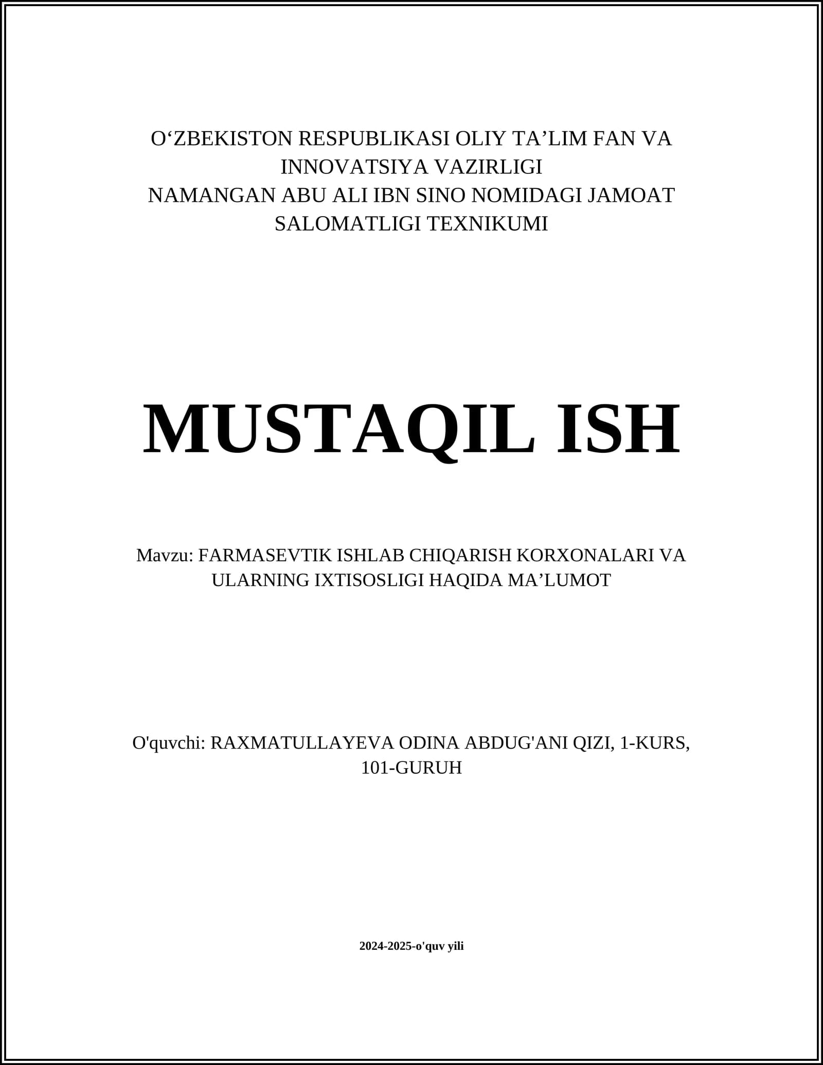 FARMASEVTIK ISHLAB CHIQARISH KORXONALARI VA ULARNING IXTISOSLIGI HAQIDA MAʼLUMOT