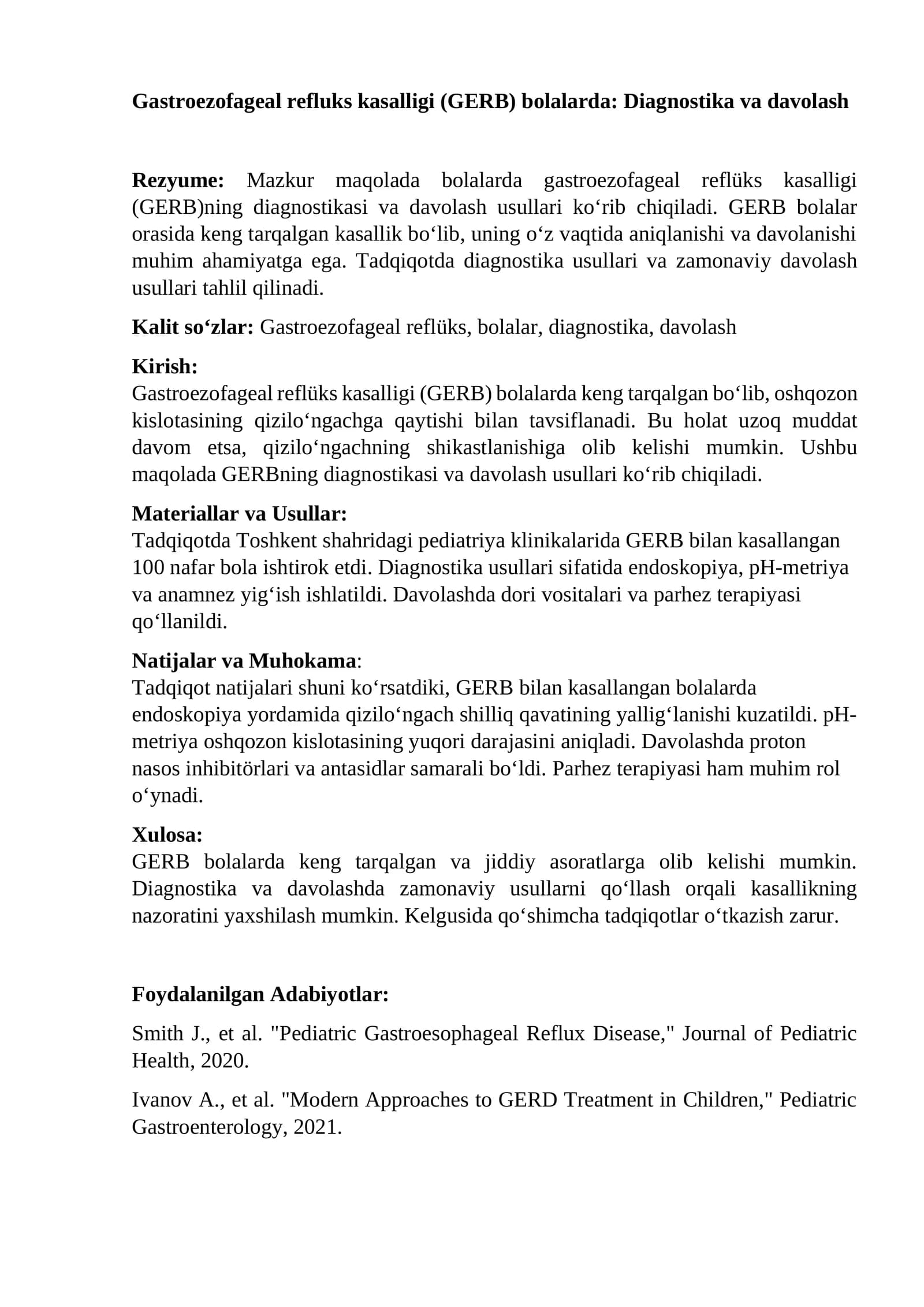 Gastroezofageal refluks kasalligi (GERB) bolalarda: Diagnostika va davolash