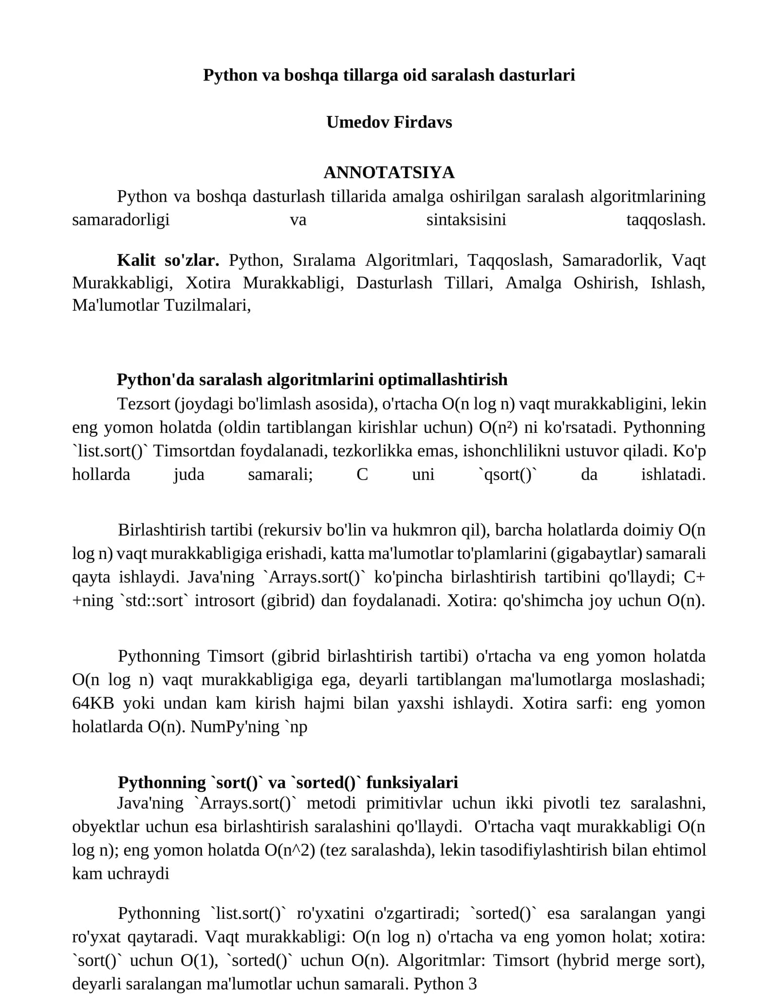 Python va boshqa tillarga oid saralash dasturlari
