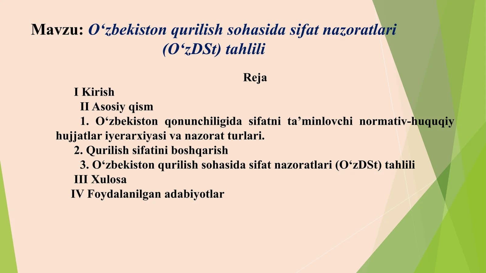 O‘zbekiston qurilish sohasida sifat nazoratlari (O‘zDSt) tahlili